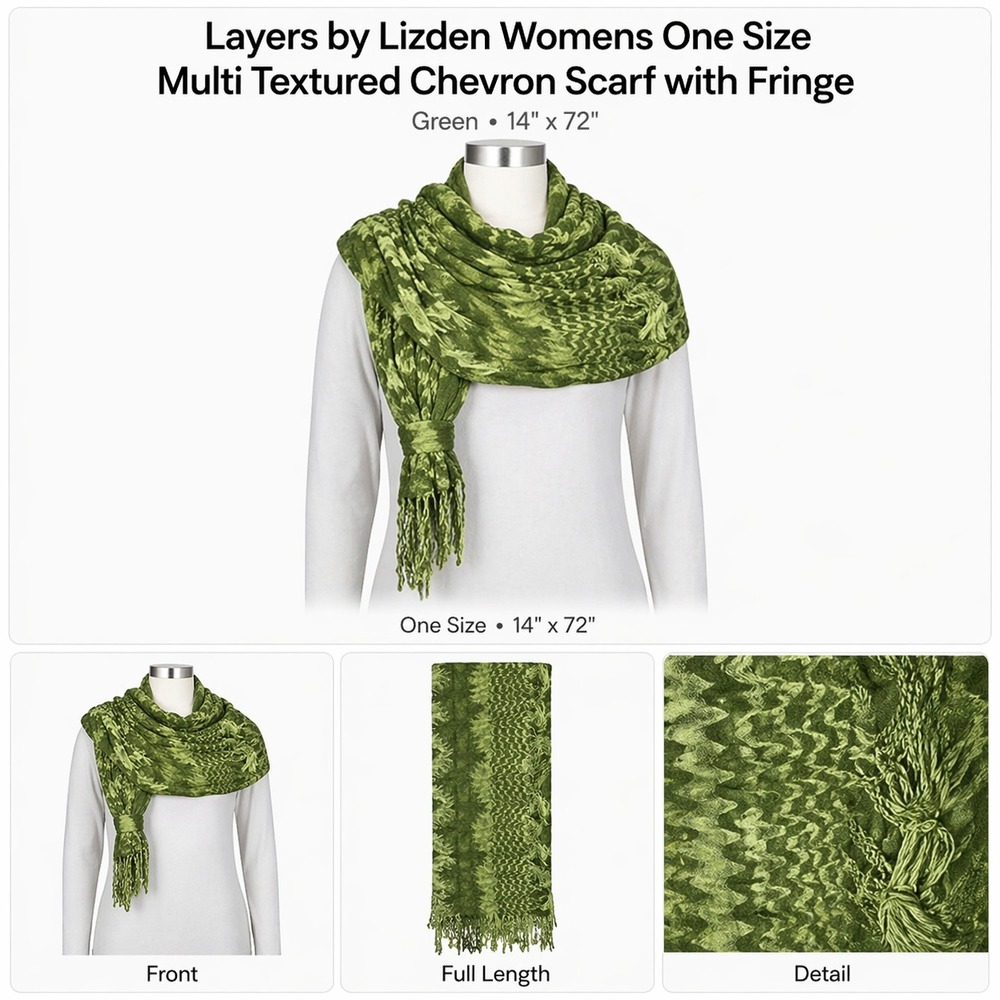 Layers by Lizden Womens One Size Green Multi Textured‎ Chevron Scarf with Fringe